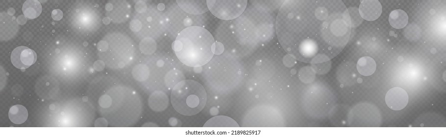 Light abstract glowing bokeh lights. Light bokeh effect isolated on transparent background. Christmas background from shining dust. Christmas concept flare sparkle. White png dust light. 