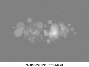 Light abstract glowing bokeh lights. Light bokeh effect isolated on transparent background. Christmas background from shining dust. Christmas concept flare sparkle. White png dust light. 