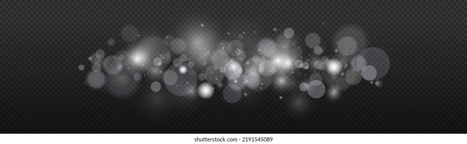 Light abstract glowing bokeh lights. Light bokeh effect isolated on transparent background. Christmas background from shining dust. Christmas concept flare sparkle. White png dust light. 