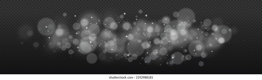 Light abstract glowing bokeh lights. Light bokeh effect isolated on transparent background. Christmas background from shining dust. Christmas concept flare sparkle. White png dust light. 