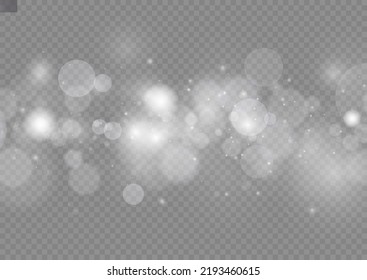 Light abstract glowing bokeh lights. Light bokeh effect isolated on transparent background. Christmas background from shining dust. Christmas concept flare sparkle. White png dust light. 