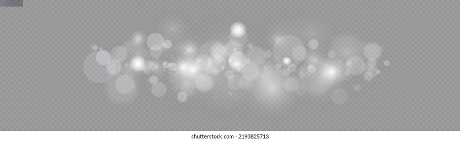 Light abstract glowing bokeh lights. Light bokeh effect isolated on transparent background. Christmas background from shining dust. Christmas concept flare sparkle. White png dust light. 