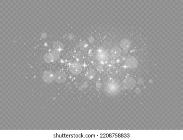 Light abstract glowing bokeh lights. Light bokeh effect isolated on transparent background. Christmas background from shining dust. Christmas concept flare sparkle. White png dust light. 
