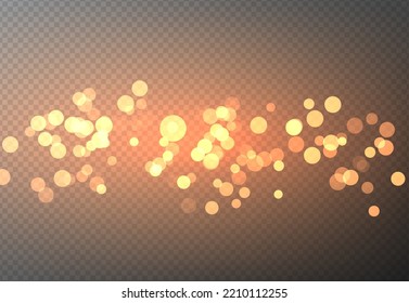 Light abstract glowing bokeh lights. Bokeh lights effect isolated on transparent background. Festive purple and golden luminous background. Christmas concept.