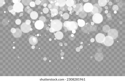 Light abstract glowing bokeh lights. Light bokeh effect isolated on transparent background. Christmas background from shining dust. Christmas concept flare sparkle. White png dust light. 