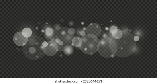 Light abstract glowing bokeh lights. Light bokeh effect isolated on transparent background. Christmas background from shining dust. Christmas concept flare sparkle. White png dust light.