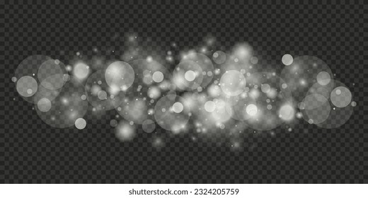 Light abstract glowing bokeh lights. Light bokeh effect isolated on transparent background. Christmas background from shining dust. Christmas concept flare sparkle. White png dust light.