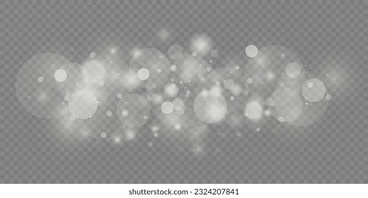 Light abstract glowing bokeh lights. Light bokeh effect isolated on transparent background. Christmas background from shining dust. Christmas concept flare sparkle. White png dust light.