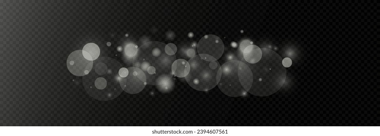Light abstract glowing bokeh lights. Light bokeh effect isolated on transparent background. Christmas background from shining dust. Christmas concept flare sparkle. White png dust light.