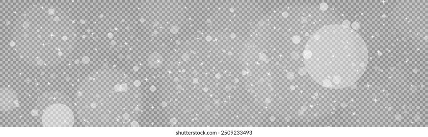 Light abstract glowing bokeh lights. Light bokeh effect isolated on transparent background. Christmas background from shining dust. Christmas concept flare sparkle. White png dust light.