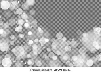 Light abstract glowing bokeh lights. Light bokeh effect isolated on transparent background. Christmas background from shining dust. Christmas concept flare sparkle. White png dust light.