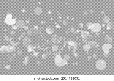 Light abstract glowing bokeh lights. Light bokeh effect isolated on transparent background. Christmas background from shining dust. Christmas concept flare sparkle. White png dust light.