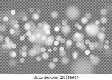 Light abstract glowing bokeh lights. Light bokeh effect isolated on transparent background. Christmas background from shining dust. Christmas concept flare sparkle. White png dust light.