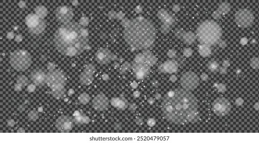 Light abstract glowing bokeh lights. Light bokeh effect isolated on transparent background. Christmas background from shining dust. Christmas concept flare sparkle. White png dust light.