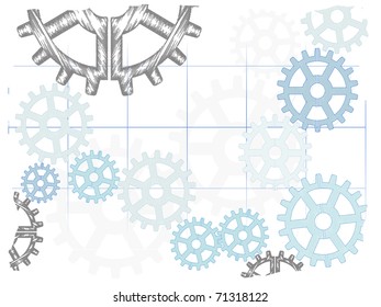 Light abstract sketch gears fading grid