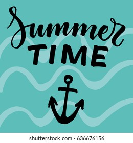 Light abstract summer typographic template with black lettering and anchor silhouette on wavy turquoise background vector illustration