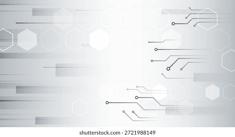 Un fondo de tecnología abstracta ligera con Formas hexagonales y líneas de circuitos delgados, que representan redes digitales, flujo de datos, electrónica y arquitectura de sistemas moderna.