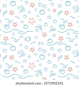 Light abstract underwater pattern with waves, bubbles and starfish. Seamless background in the form of doodle lines. Vector wallpaper for fabric, wrapping paper, design.