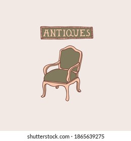 Light Academia Concept. Antique Armchair And Lettering In Decorative Frame. Antiques Store Logo Or Emblem. Vintage Furniture Vector Illustration In Sketch Style