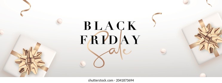 Light aesthetic Sale banner with realistic gift boxes. Luxury Black Friday template with golden elements. Vector horizontal background.