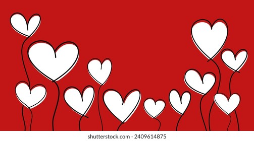 Light air balloon hearts, wavy line art drawing on red background. Happy Valentine's day card or banner or letter template. Vector illustration
