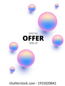 Light air vector template with flying rainbow balls and lettering special offer 