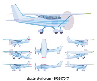 Light aircraft, blue stripe plane livery set. Small regional logistics, mobility and transportation. Vector flat style cartoon illustration isolated on white background, different views and positions