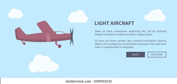 Light aircraft closeup of airplane in violet color web banner with place for text vector illustration. Fast mean of transportation for travelling by air