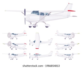 Light aircraft, empty white decor for corporate plane set. Small regional logistics, mobility and transportation. Vector flat style cartoon illustration isolated on white background, different views