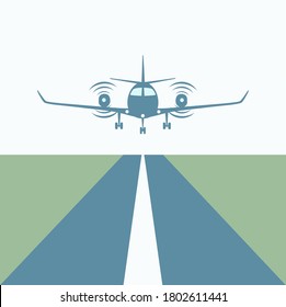 Light Aircraft. Excellent Airplane Landing or Takeoff over Runway.  Symbol of the proper attitude. Flat icon style. Vector illustration. Isolated on white background.