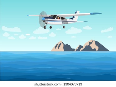 Light aircraft flies above sea. Vector flat style illustration.