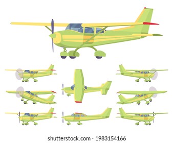 Light aircraft, green, yellow stripe plane livery set. Small regional logistics, mobility and transportation. Vector flat style cartoon illustration isolated on white background, different views