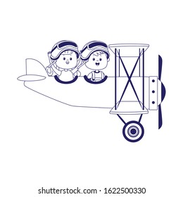 light aircraft with happy girl and boy over white background, flat design, vector illustration