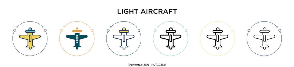 Light aircraft icon in filled, thin line, outline and stroke style. Vector illustration of two colored and black light aircraft vector icons designs can be used for mobile, ui, web