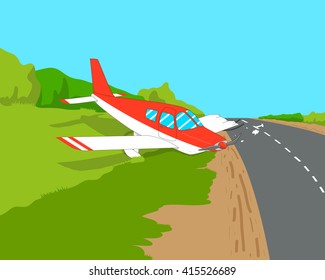 Light aircraft made an emergency landing on a highway. Vector illustration