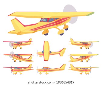 Light aircraft, orange, yellow, red stripe plane livery set. Small regional logistics, mobility and transportation. Vector flat style cartoon illustration isolated on white background, different views