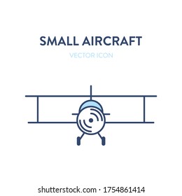 Light aircraft plane icon. Vector flat outline illustration of a small plane, crop duster. Represents a concept of agricultural plane, crop-duster, short flight, propeller aircraft, flight training