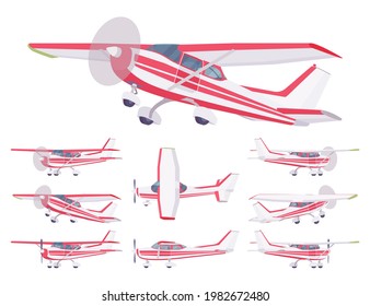 Light aircraft, red stripe plane livery set. Small regional logistics, mobility and transportation. Vector flat style cartoon illustration isolated on white background, different views and positions