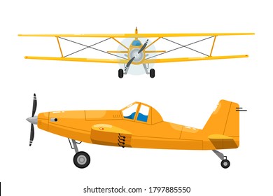 Light aircrafts set. Isolated biplane and monoplane aircraft with wings, engine and propeller front and side view icons. Vector light aviation flight collection