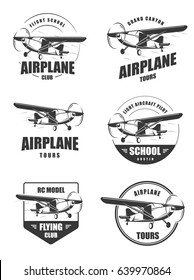 Light airplane related emblems. Set of vintage airplane emblems, badges and icons. Isolated lite airplane side view.