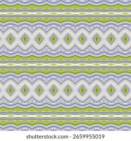 Padrão abstrato claro e arejado em tons de branco, verde-limão e lilás suave, apresentando simetria rítmica e fluxo orgânico. Ideal para têxteis, papéis de parede ou arte digital.