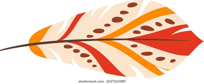 Light and airy, a colorful feather with delicate brown dotted stripes floats gently, infusing designs with a whimsical touch and showcasing nature's artistry in vibrant hues
