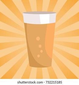 Light alcohol drink with bubbles, symbol of Oktoberfest. Pint of dark beer in transparent glass vector isolated on abstract background with rays.