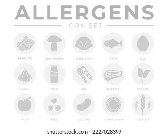 Light Allergens Icon Set. Peanuts, Mushroom, Shellfish, Fish, Egg, Garlic, Milk, Soy Red Meat, Celery, Fruit, Seed, Legume And Sunflower Gluten Food Allergy Icons