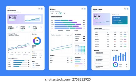 Light Analytics Dashboard UI Set with KPI Reports and Alerts. Three clean desktop dashboard screens featuring KPI cards, analytics charts, reports, payment history, ROI widgets for SaaS. Vector UI set