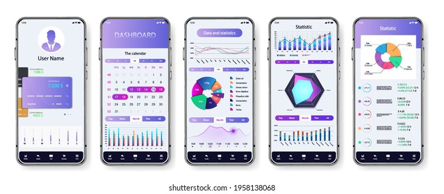 Light application interface for mobile phone. UI screens with dashboard, pie charts, infographics, diagrams and statistic. App mockup with investment, economic statistic and data forex. Vector UI set