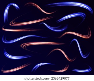 Light arc in neon colors, in the form of a turn and a zigzag. Big set of light neon lines in the form of swirl and spirals. Abstract background in blue, yellow and orange neon colors.	