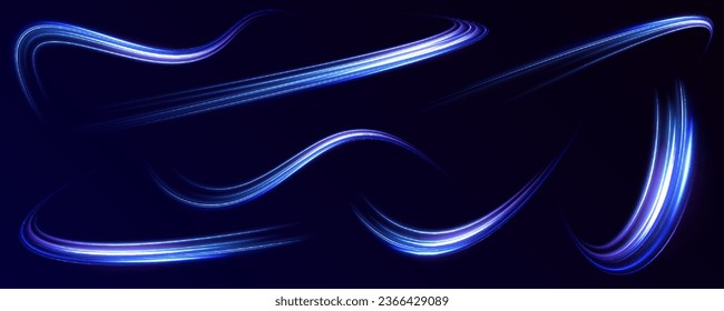 Light arc in neon colors, in the form of a turn and a zigzag. Big set of light neon lines in the form of swirl and spirals. Abstract background in blue, yellow and orange neon colors.	