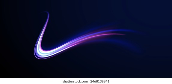 Light arc in neon colors, in the form of a turn and a zigzag. Creative vector illustration of flying cosmic meteor, planetoid, comet, fireball isolated on transparent background.	