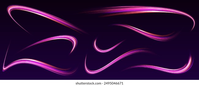 Arco claro en colores neón, en forma de giro y zigzag. Gran conjunto de líneas de neón ligero en forma de remolino y espirales. Fondo Abstractas en colores de neón azul, amarillo y naranja.	